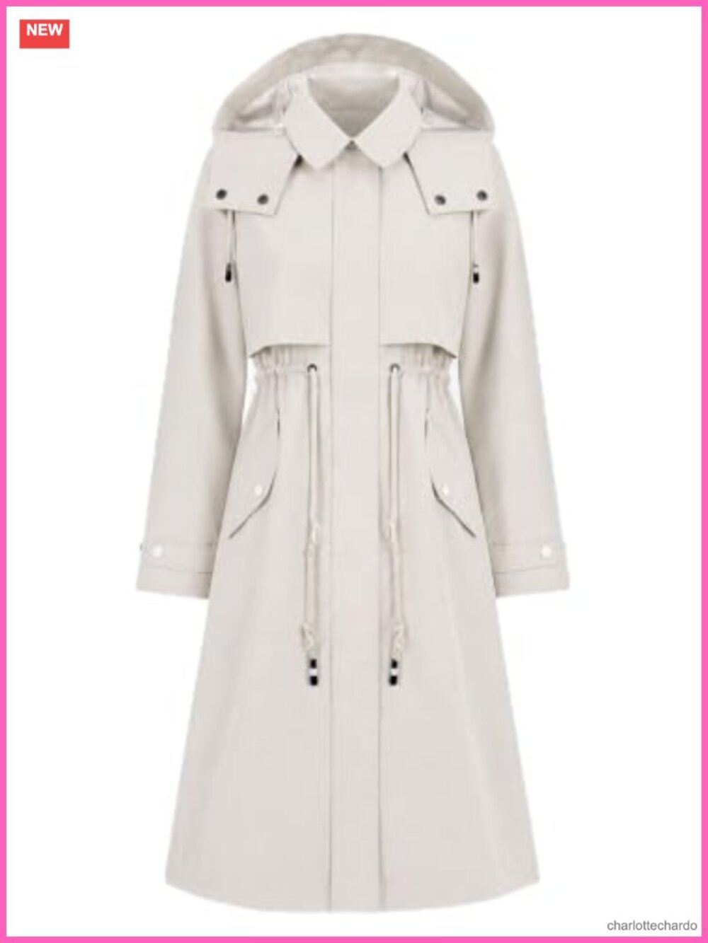 Women's Classic Trench Coat with Detachable Hood, Windproof, Long Sleeve